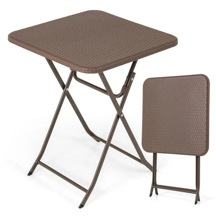 Folding Picnic Table with Rattan Grain HDPE Tabletop and Sturdy Metal Fame-Coffee - Coffee - Patio Dining Tables