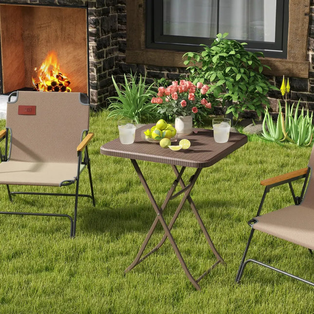 Folding Picnic Table with Rattan Grain HDPE Tabletop and Sturdy Metal Fame-Coffee - Coffee - Patio Dining Tables