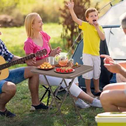 Folding Picnic Table with Rattan Grain HDPE Tabletop and Sturdy Metal Fame-Coffee - Coffee - Patio Dining Tables