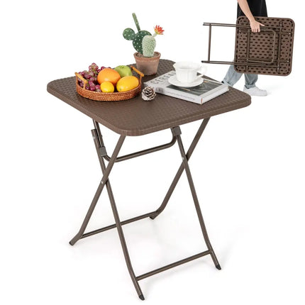 Folding Picnic Table with Rattan Grain HDPE Tabletop and Sturdy Metal Fame-Coffee - Coffee - Patio Dining Tables