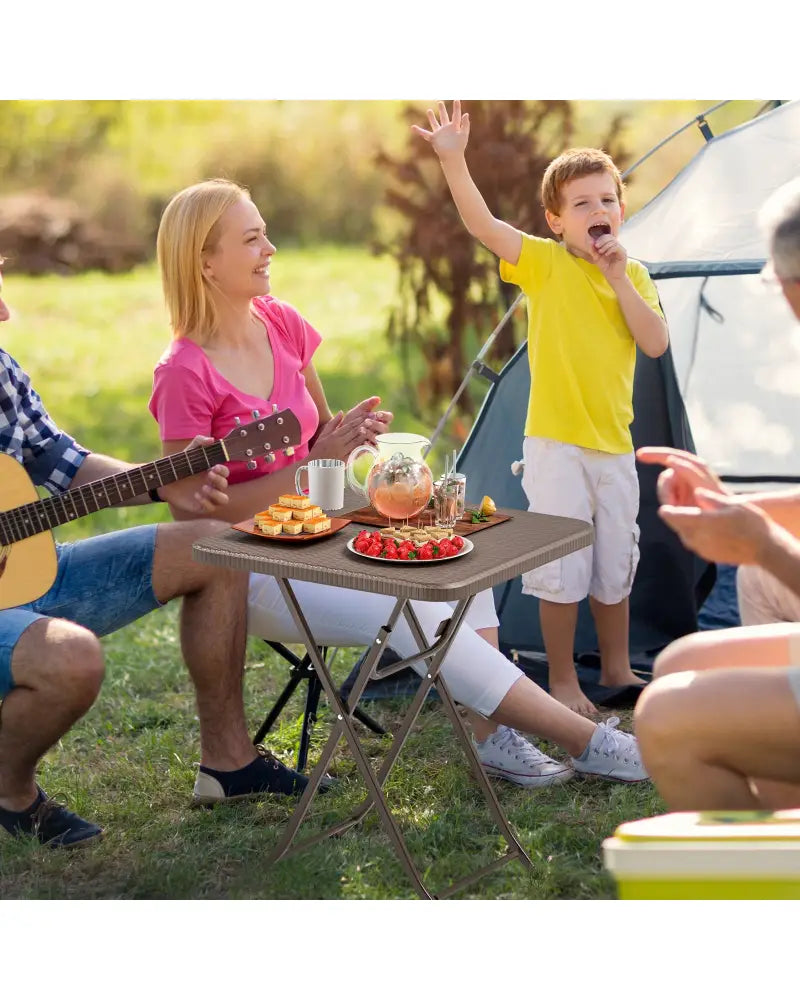 Folding Picnic Table with Rattan Grain HDPE Tabletop and Sturdy Metal Fame-Coffee - Coffee - Patio Dining Tables
