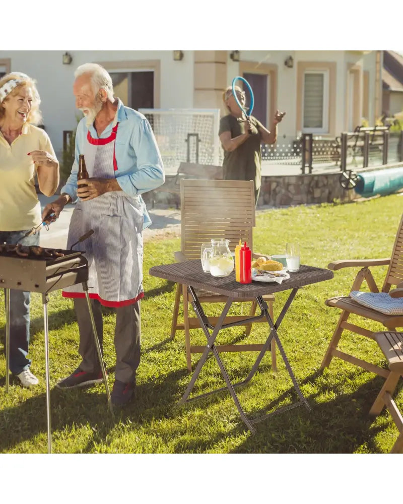 Folding Picnic Table with Rattan Grain HDPE Tabletop and Sturdy Metal Fame-Coffee - Coffee - Patio Dining Tables