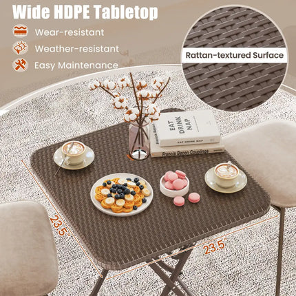 Folding Picnic Table with Rattan Grain HDPE Tabletop and Sturdy Metal Fame-Coffee - Coffee - Patio Dining Tables