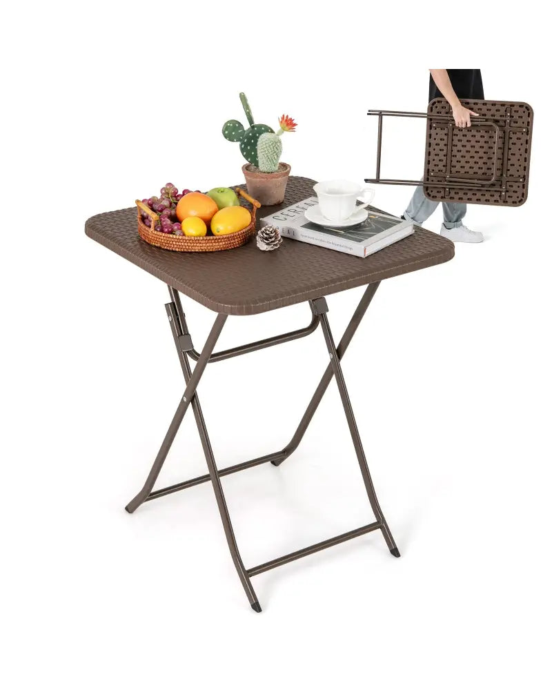 Folding Picnic Table with Rattan Grain HDPE Tabletop and Sturdy Metal Fame-Coffee - Coffee - Patio Dining Tables