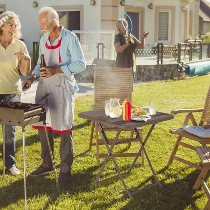 Folding Picnic Table with Rattan Grain HDPE Tabletop and Sturdy Metal Fame-Coffee - Coffee - Patio Dining Tables