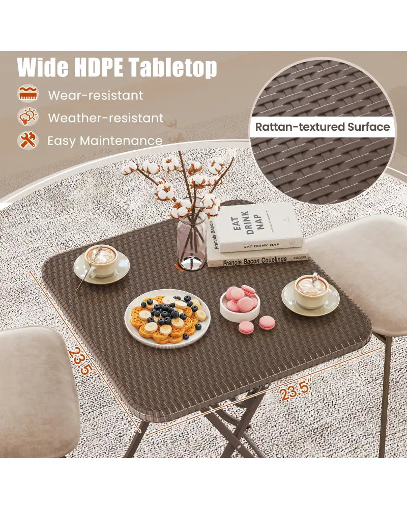 Folding Picnic Table with Rattan Grain HDPE Tabletop and Sturdy Metal Fame-Coffee - Coffee - Patio Dining Tables