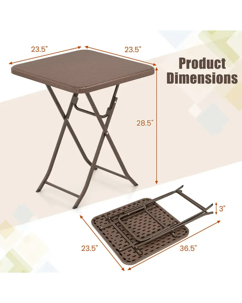 Folding Picnic Table with Rattan Grain HDPE Tabletop and Sturdy Metal Fame-Coffee - Coffee - Patio Dining Tables