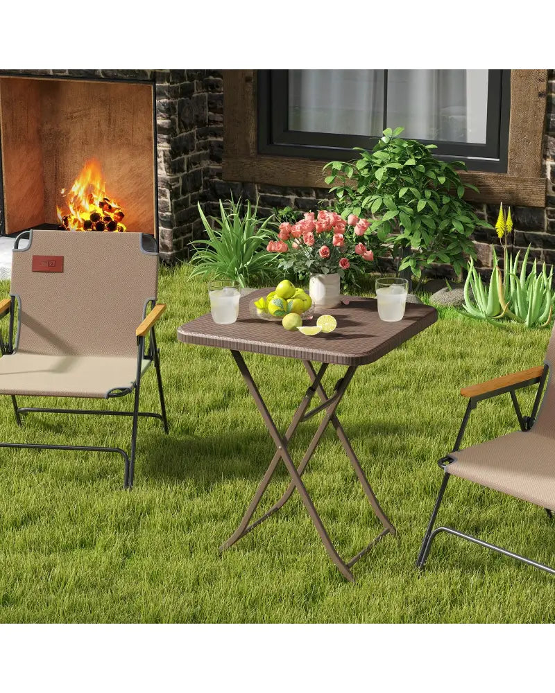 Folding Picnic Table with Rattan Grain HDPE Tabletop and Sturdy Metal Fame-Coffee - Coffee - Patio Dining Tables