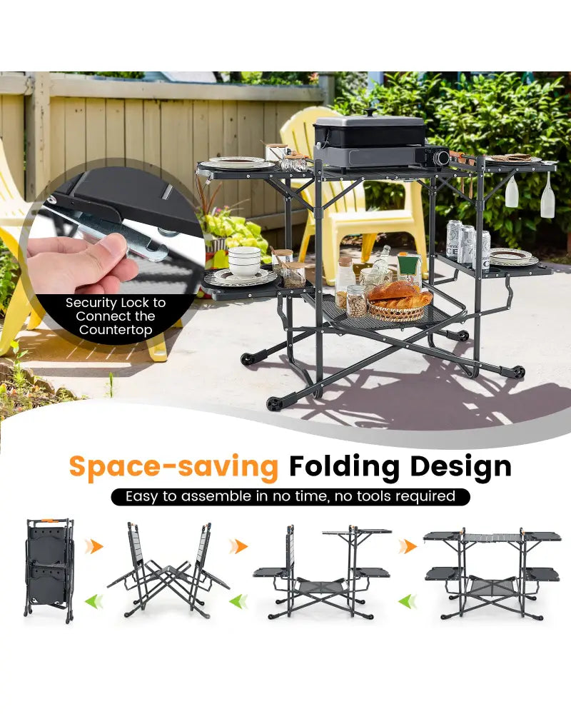 Folding Portable Outdoor Cook Station with Heat-Resistant Aluminum Tabletop - Black - Camping Furniture