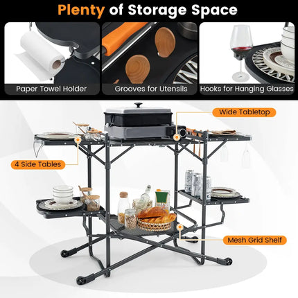 Folding Portable Outdoor Cook Station with Heat-Resistant Aluminum Tabletop - Black - Camping Furniture