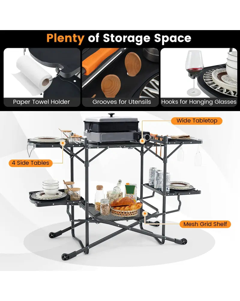Folding Portable Outdoor Cook Station with Heat-Resistant Aluminum Tabletop - Black - Camping Furniture