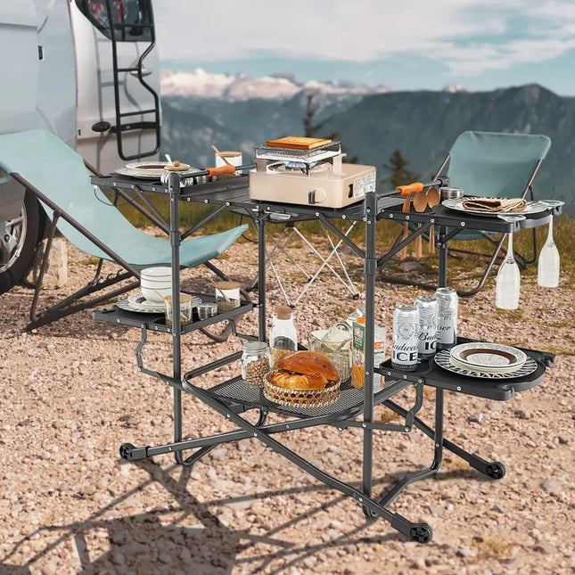 Folding Portable Outdoor Cook Station with Heat-Resistant Aluminum Tabletop - Black - Camping Furniture