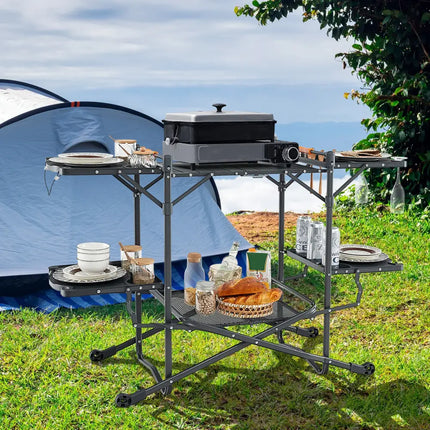 Folding Portable Outdoor Cook Station with Heat-Resistant Aluminum Tabletop - Black - Camping Furniture
