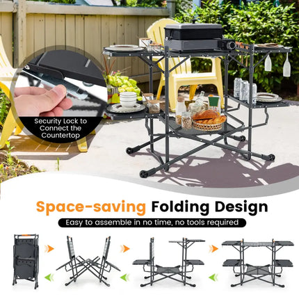 Folding Portable Outdoor Cook Station with Heat-Resistant Aluminum Tabletop - Black - Camping Furniture