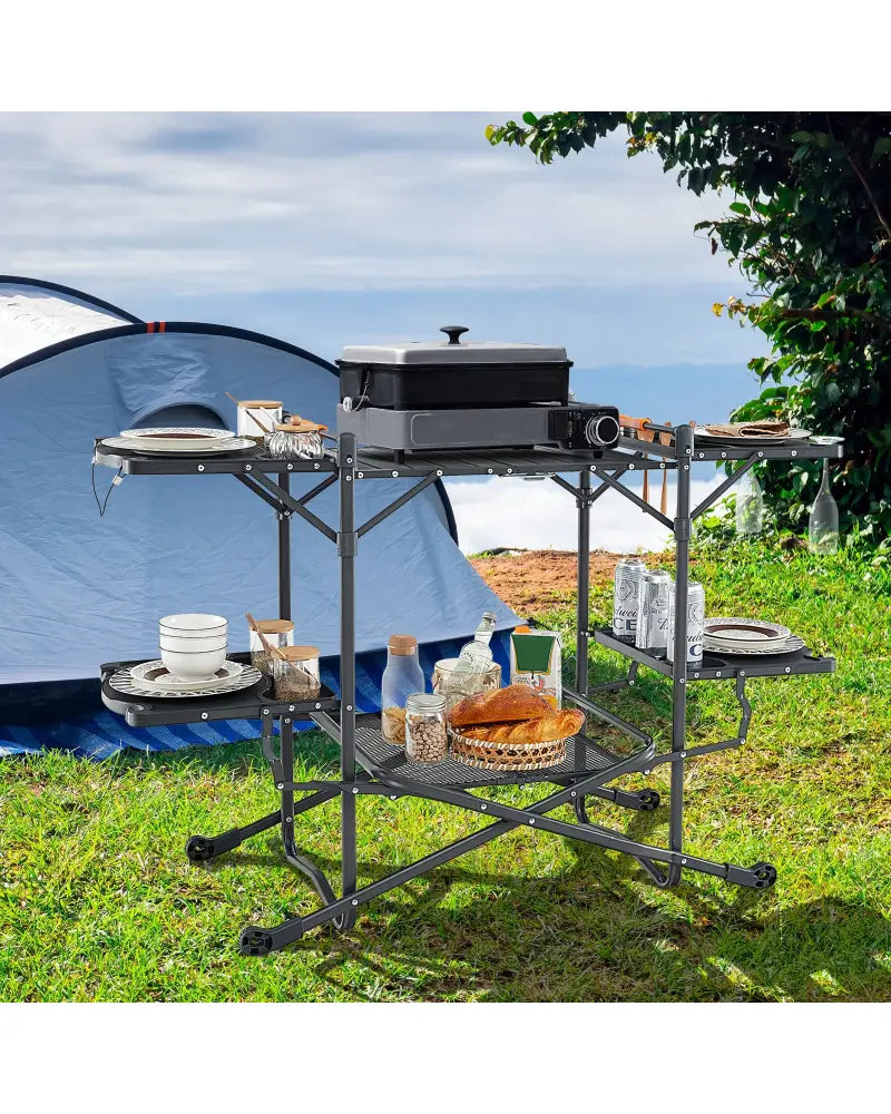 Folding Portable Outdoor Cook Station with Heat-Resistant Aluminum Tabletop - Black - Camping Furniture