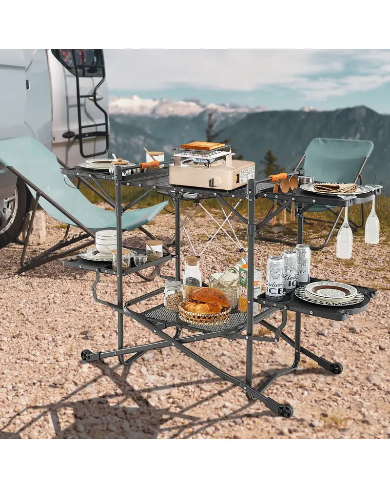 Folding Portable Outdoor Cook Station with Heat-Resistant Aluminum Tabletop - Black - Camping Furniture
