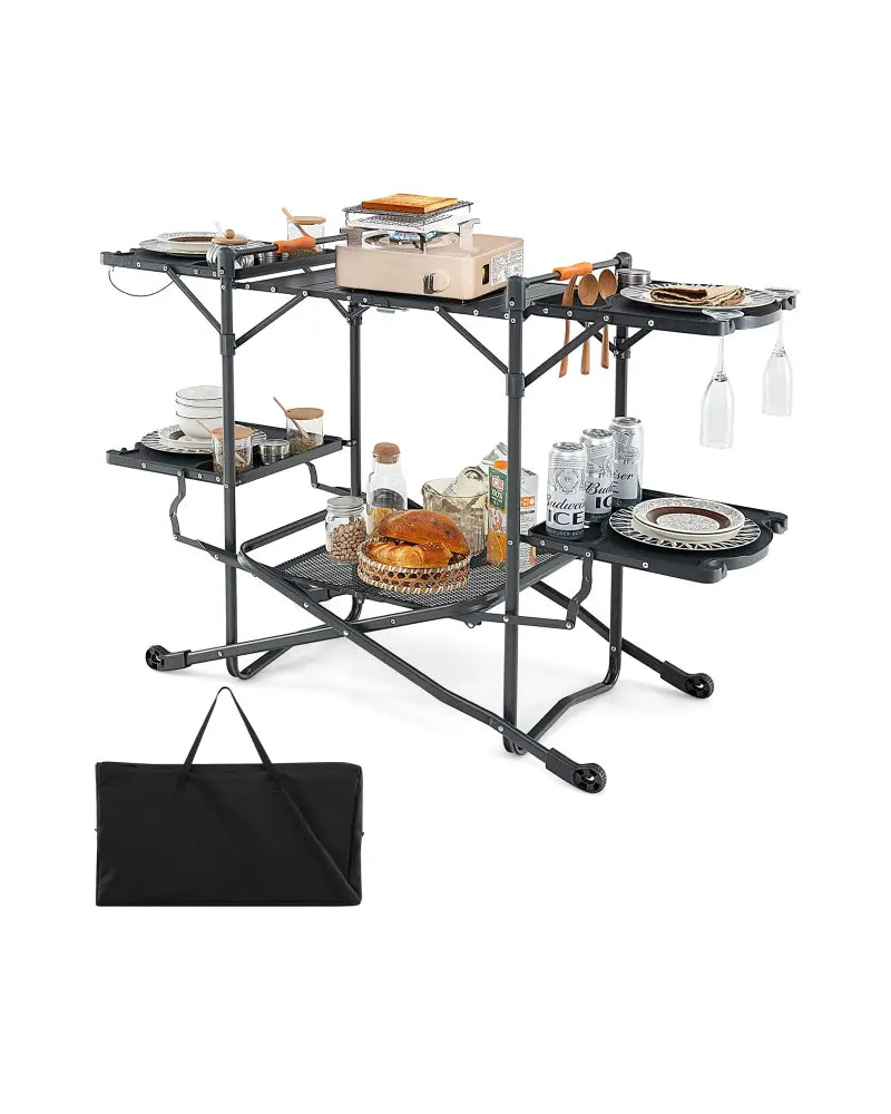 Folding Portable Outdoor Cook Station with Heat-Resistant Aluminum Tabletop - Black - Camping Furniture