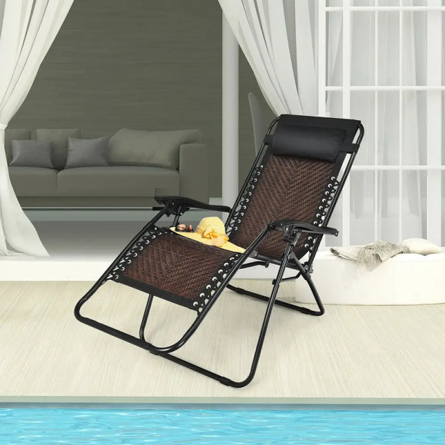 Folding Rattan Zero Gravity Lounge Chair with Removable Head Pillow-Coffee - Light Brown - Beach & Lawn Chairs