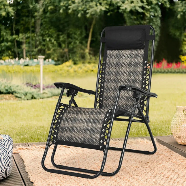Folding Rattan Zero Gravity Lounge Chair with Removable Head Pillow-Gray - Gray - Beach & Lawn Chairs