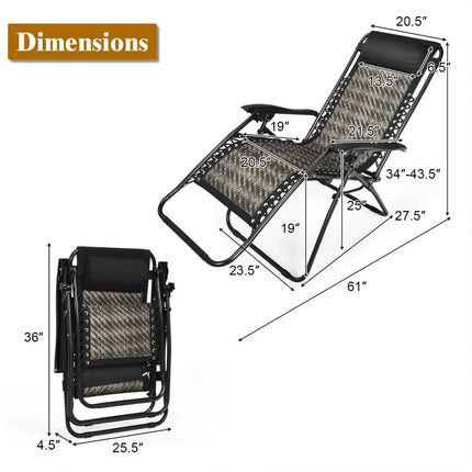 Folding Rattan Zero Gravity Lounge Chair with Removable Head Pillow-Gray - Gray - Beach & Lawn Chairs