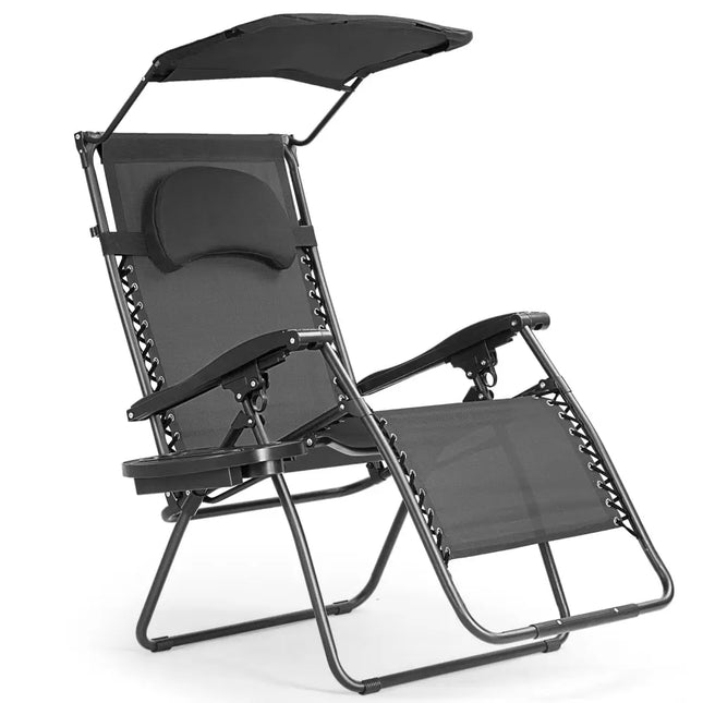 Folding Recliner Lounge Chair w/ Shade Canopy Cup Holder-Black - Black - Outdoor Chaise Lounges
