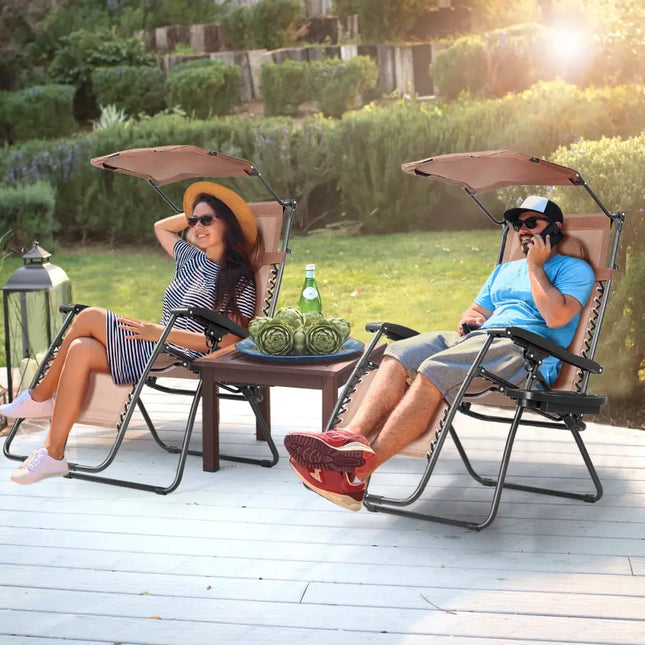 Folding Recliner Lounge Chair w/ Shade Canopy Cup Holder-Coffee - Brown - Outdoor Chaise Lounges
