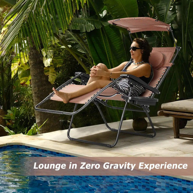 Folding Recliner Lounge Chair w/ Shade Canopy Cup Holder-Coffee - Brown - Outdoor Chaise Lounges