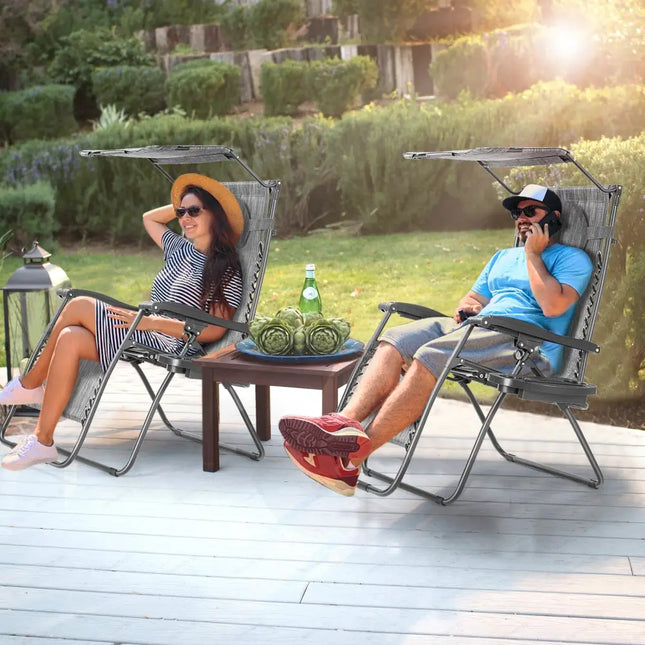 Folding Recliner Lounge Chair w/ Shade Canopy Cup Holder-Gray - Gray - Outdoor Chaise Lounges