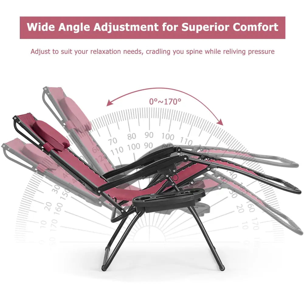 Folding Recliner Lounge Chair w/ Shade Canopy Cup Holder-Wine - Dark Red - Outdoor Chaise Lounges