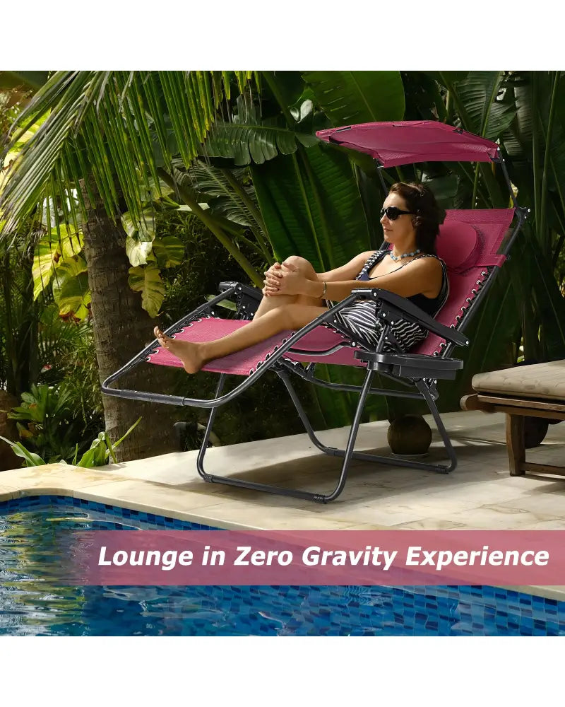 Folding Recliner Lounge Chair w/ Shade Canopy Cup Holder-Wine - Dark Red - Outdoor Chaise Lounges