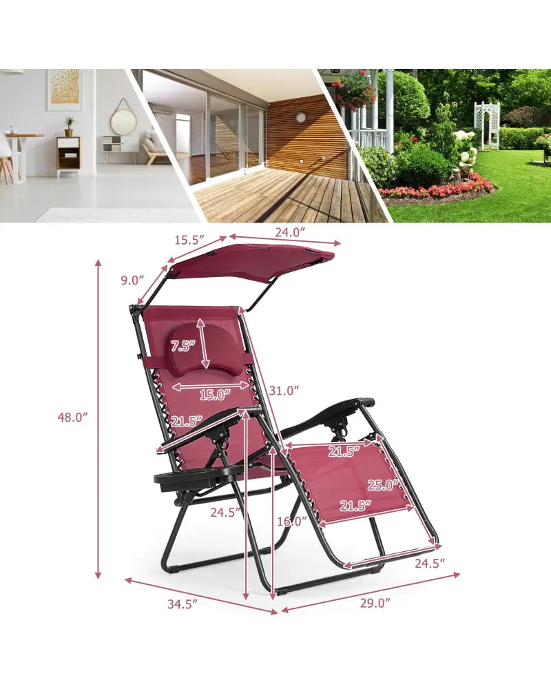 Folding Recliner Lounge Chair w/ Shade Canopy Cup Holder-Wine - Dark Red - Outdoor Chaise Lounges