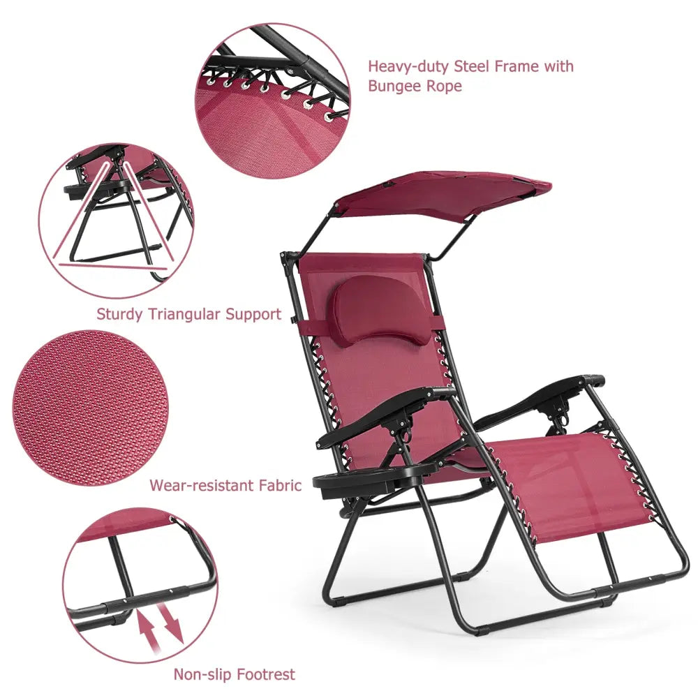 Folding Recliner Lounge Chair w/ Shade Canopy Cup Holder-Wine - Dark Red - Outdoor Chaise Lounges