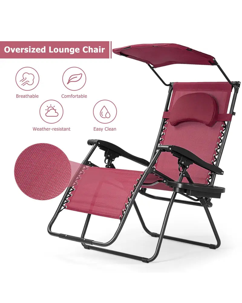 Folding Recliner Lounge Chair w/ Shade Canopy Cup Holder-Wine - Dark Red - Outdoor Chaise Lounges
