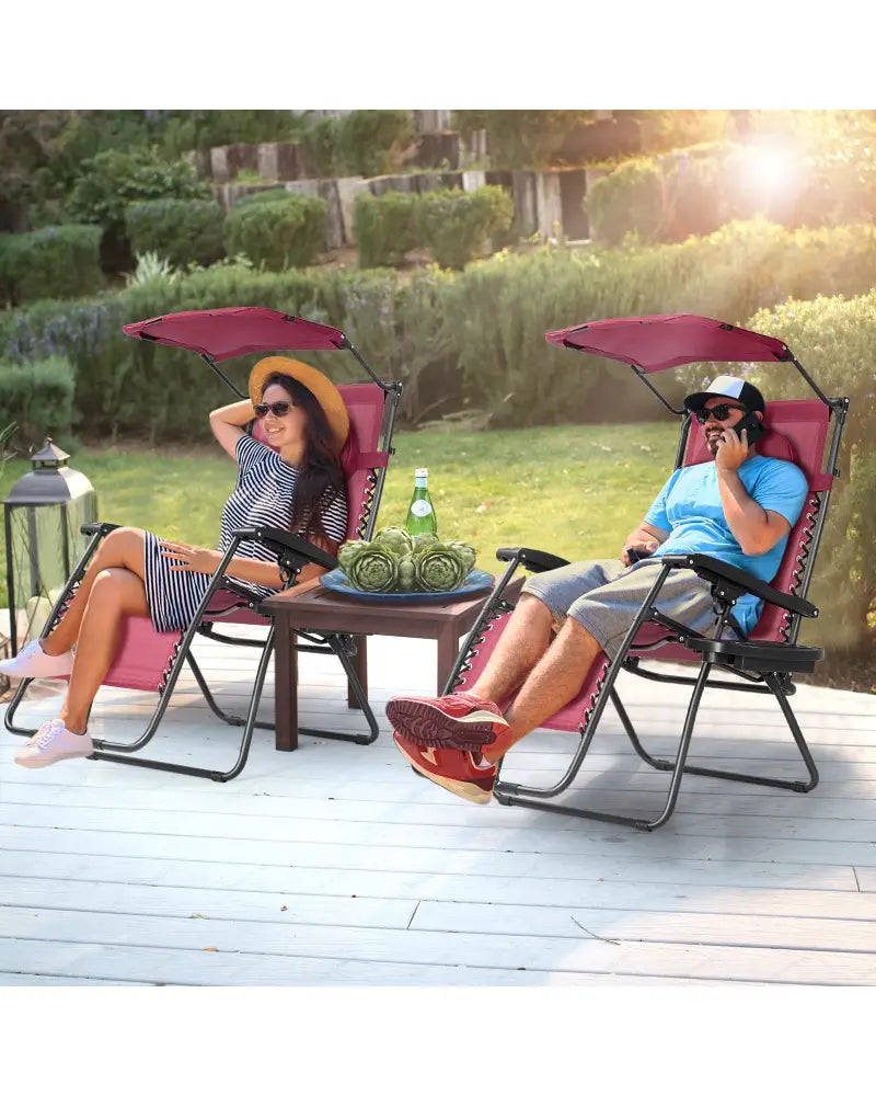Folding Recliner Lounge Chair w/ Shade Canopy Cup Holder-Wine - Dark Red - Outdoor Chaise Lounges
