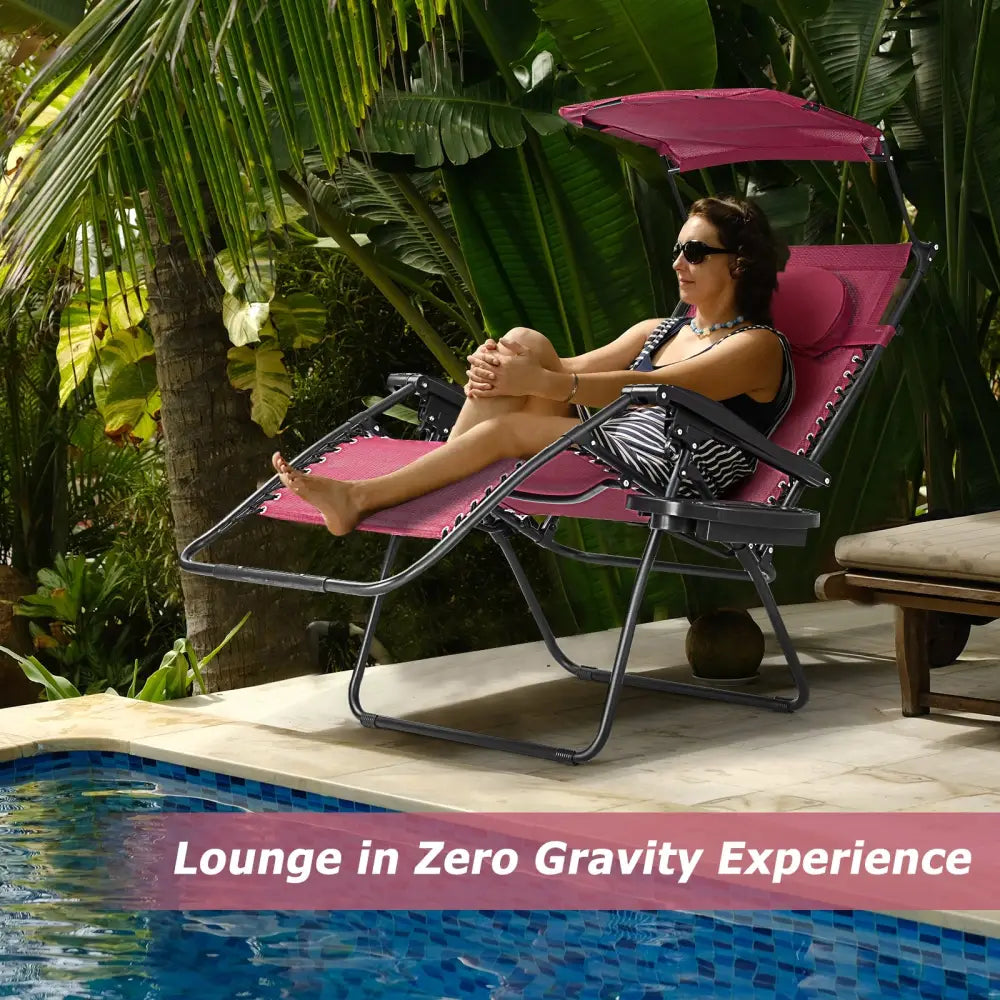 Folding Recliner Lounge Chair w/ Shade Canopy Cup Holder-Wine - Dark Red - Outdoor Chaise Lounges