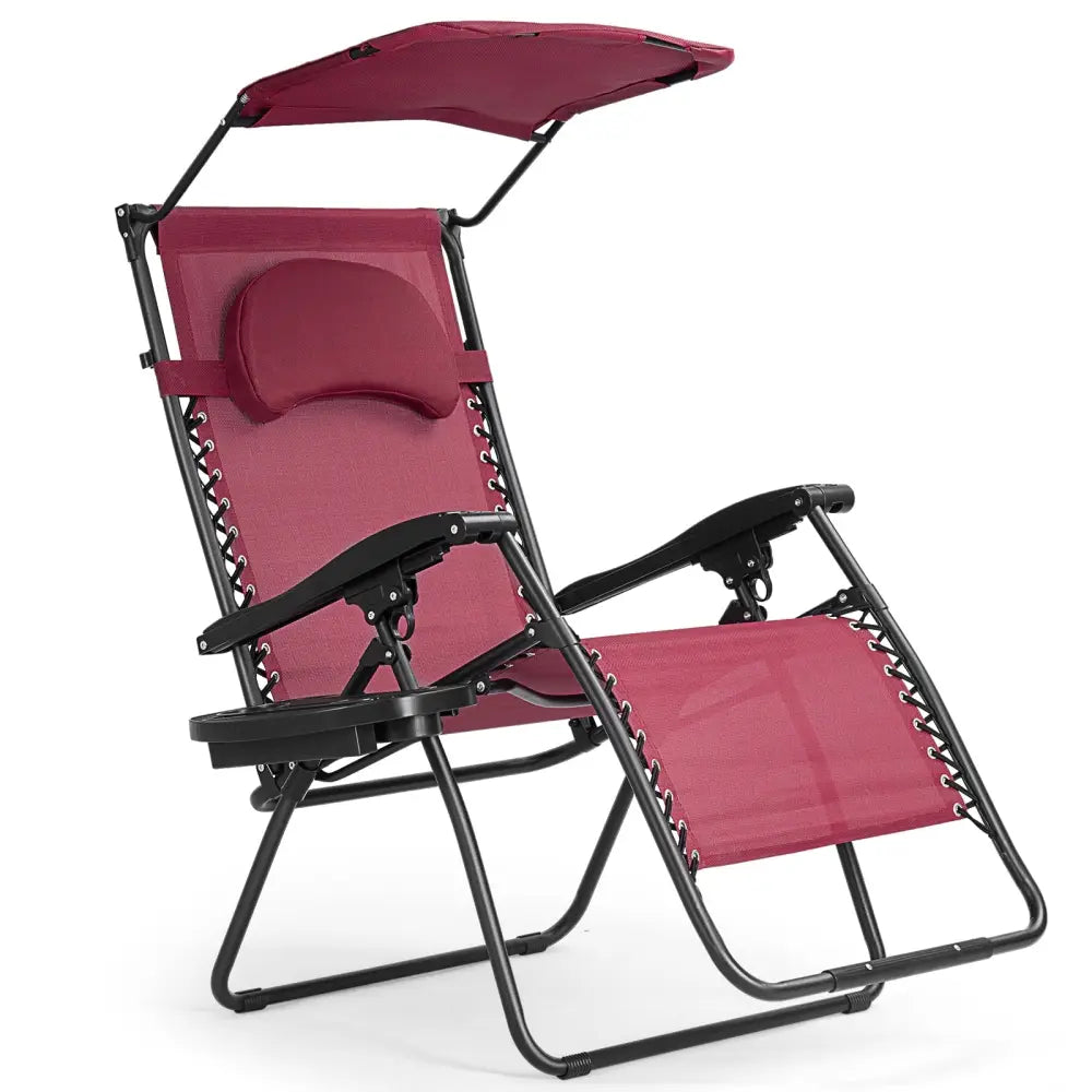 Folding Recliner Lounge Chair w/ Shade Canopy Cup Holder-Wine - Dark Red - Outdoor Chaise Lounges