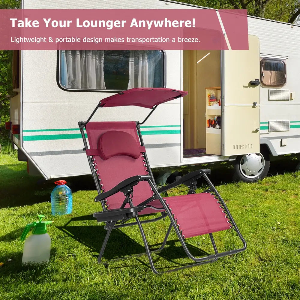 Folding Recliner Lounge Chair w/ Shade Canopy Cup Holder-Wine - Dark Red - Outdoor Chaise Lounges