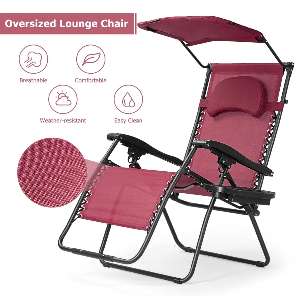 Folding Recliner Lounge Chair w/ Shade Canopy Cup Holder-Wine - Dark Red - Outdoor Chaise Lounges