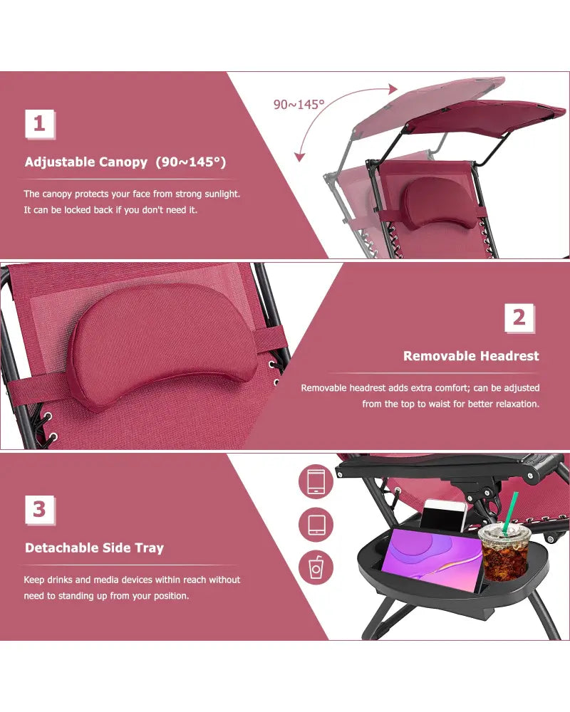 Folding Recliner Lounge Chair w/ Shade Canopy Cup Holder-Wine - Dark Red - Outdoor Chaise Lounges