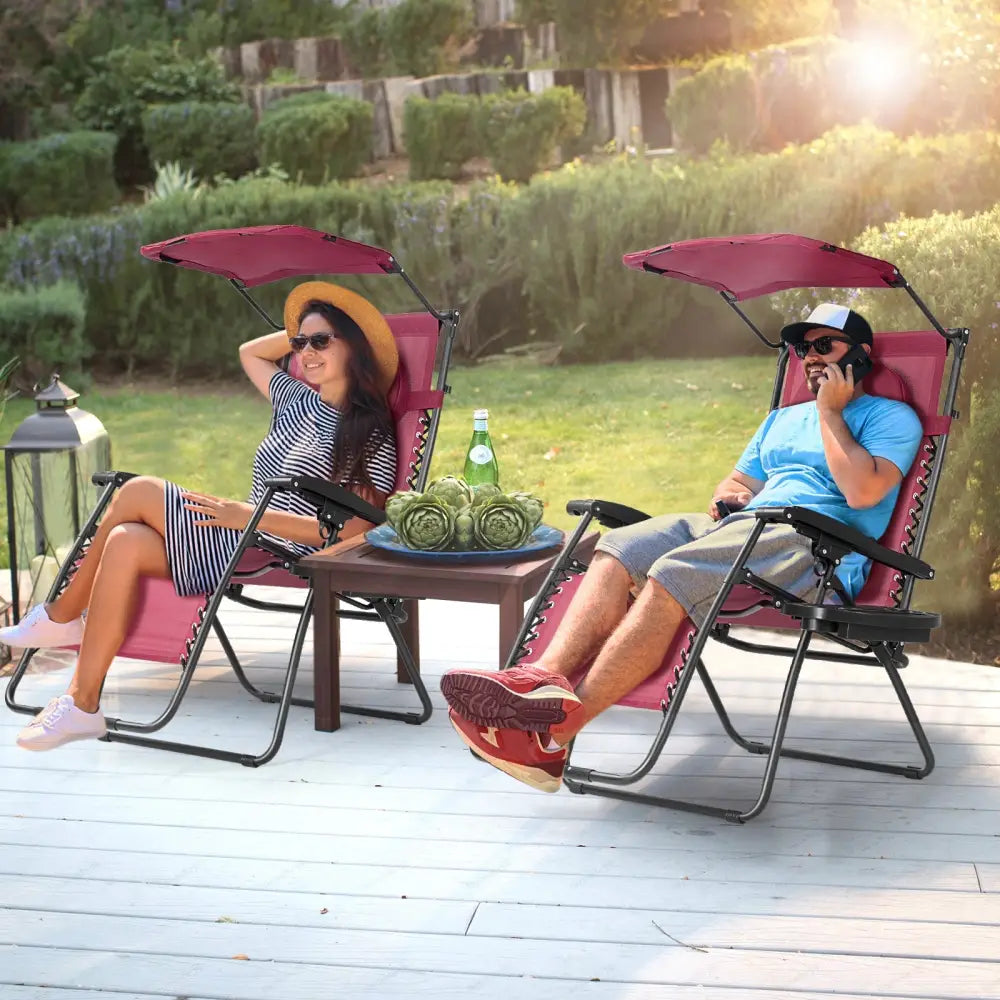 Folding Recliner Lounge Chair w/ Shade Canopy Cup Holder-Wine - Dark Red - Outdoor Chaise Lounges