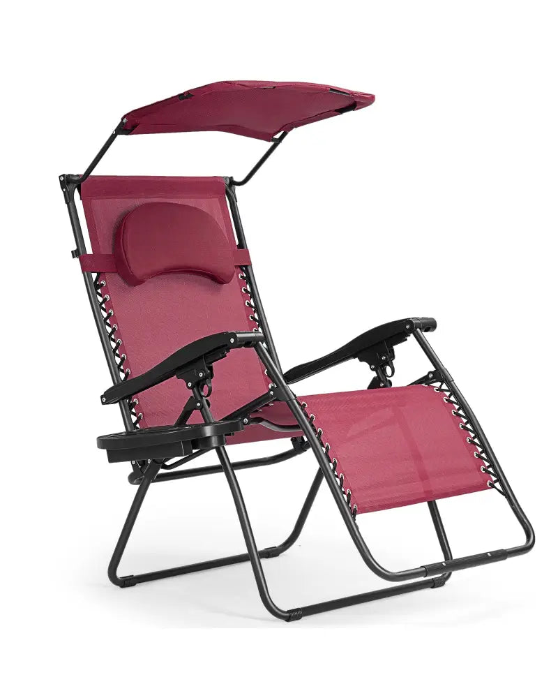 Folding Recliner Lounge Chair w/ Shade Canopy Cup Holder-Wine - Dark Red - Outdoor Chaise Lounges