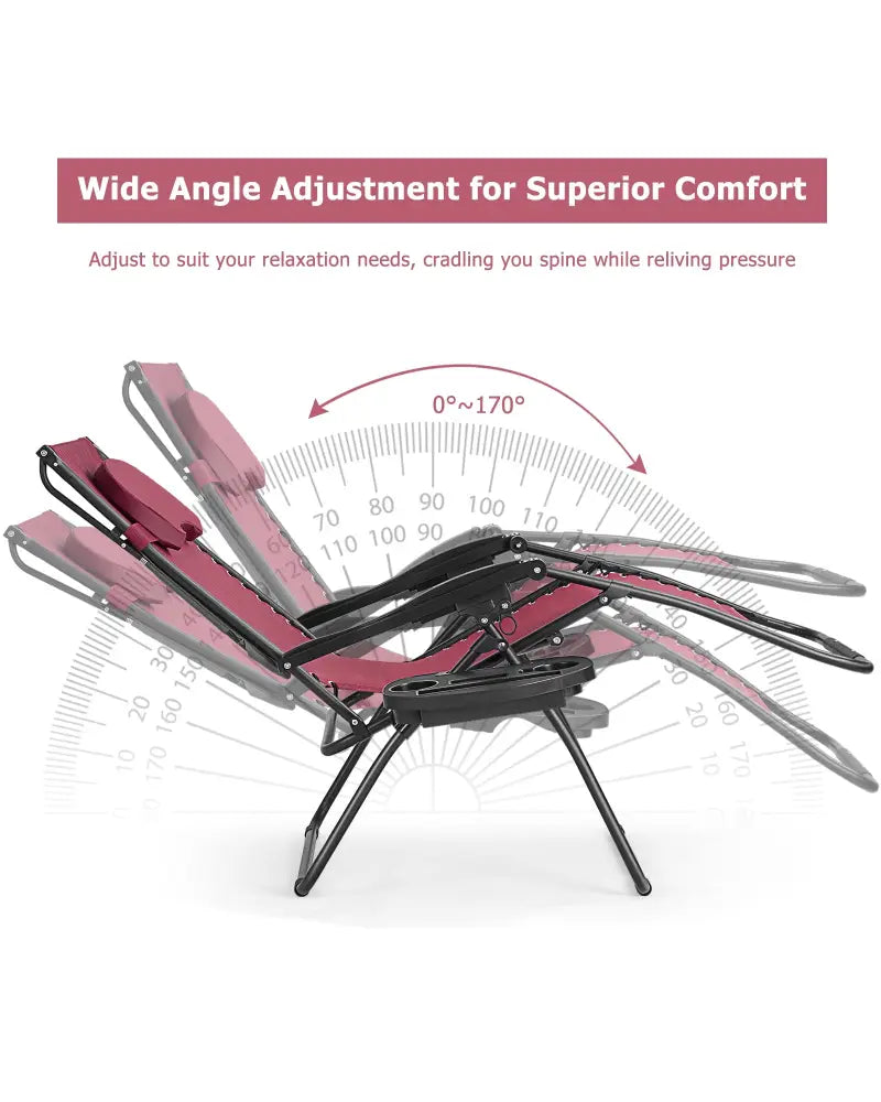 Folding Recliner Lounge Chair w/ Shade Canopy Cup Holder-Wine - Dark Red - Outdoor Chaise Lounges