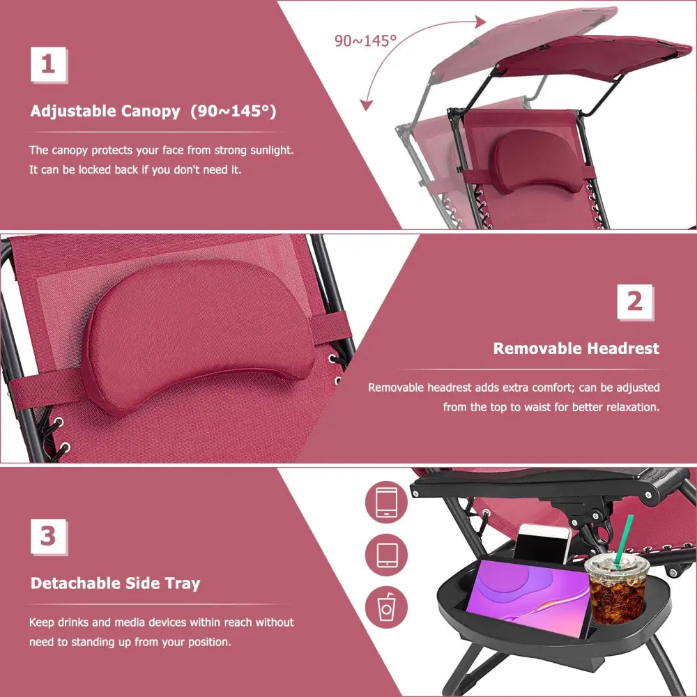 Folding Recliner Lounge Chair w/ Shade Canopy Cup Holder-Wine - Dark Red - Outdoor Chaise Lounges