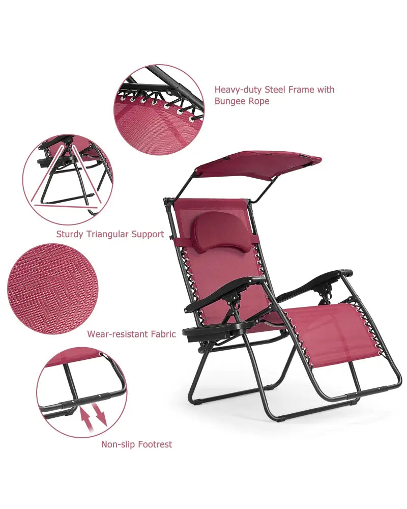 Folding Recliner Lounge Chair w/ Shade Canopy Cup Holder-Wine - Dark Red - Outdoor Chaise Lounges