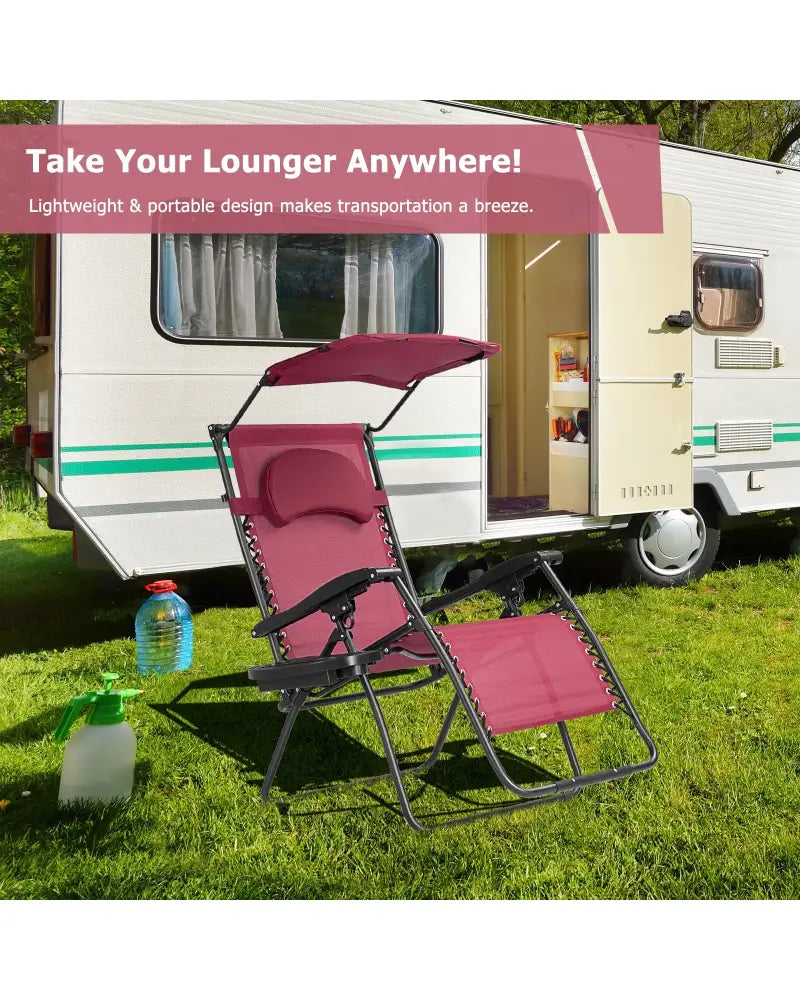 Folding Recliner Lounge Chair w/ Shade Canopy Cup Holder-Wine - Dark Red - Outdoor Chaise Lounges