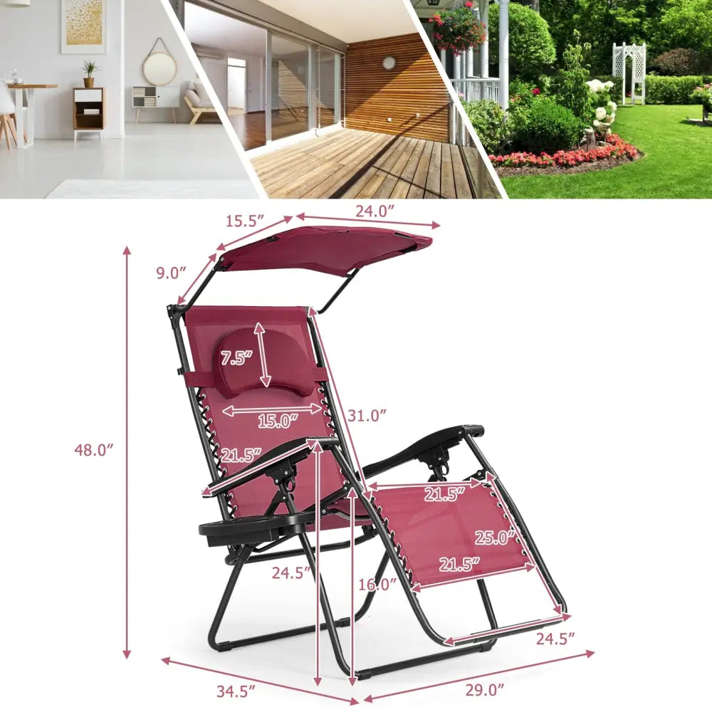 Folding Recliner Lounge Chair w/ Shade Canopy Cup Holder-Wine - Dark Red - Outdoor Chaise Lounges