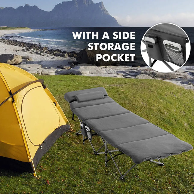 Folding Retractable Travel Camping Cot with Mattress and Carry Bag-Gray - Gray - Camping Furniture
