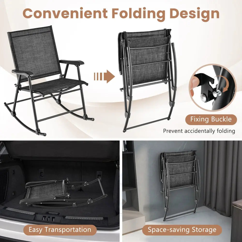 Folding Rocking Chair with Breathable Seat Fabric Set of 2-Black - Black - Patio Rocking Chairs & Gliders
