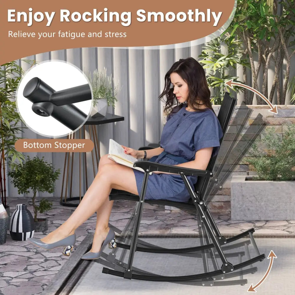 Folding Rocking Chair with Breathable Seat Fabric Set of 2-Black - Black - Patio Rocking Chairs & Gliders