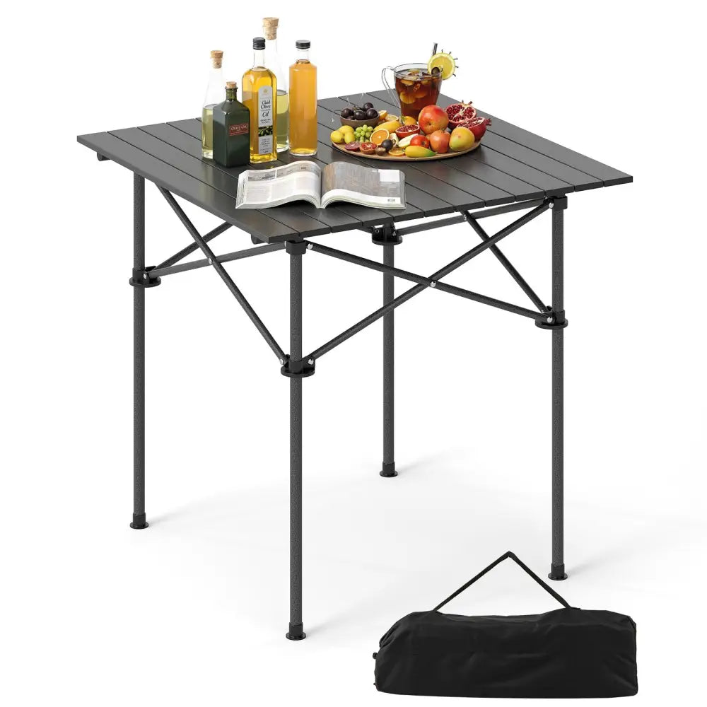 Folding Roll-up Camping Table with Metal Legs-Black - Black - Camping Furniture